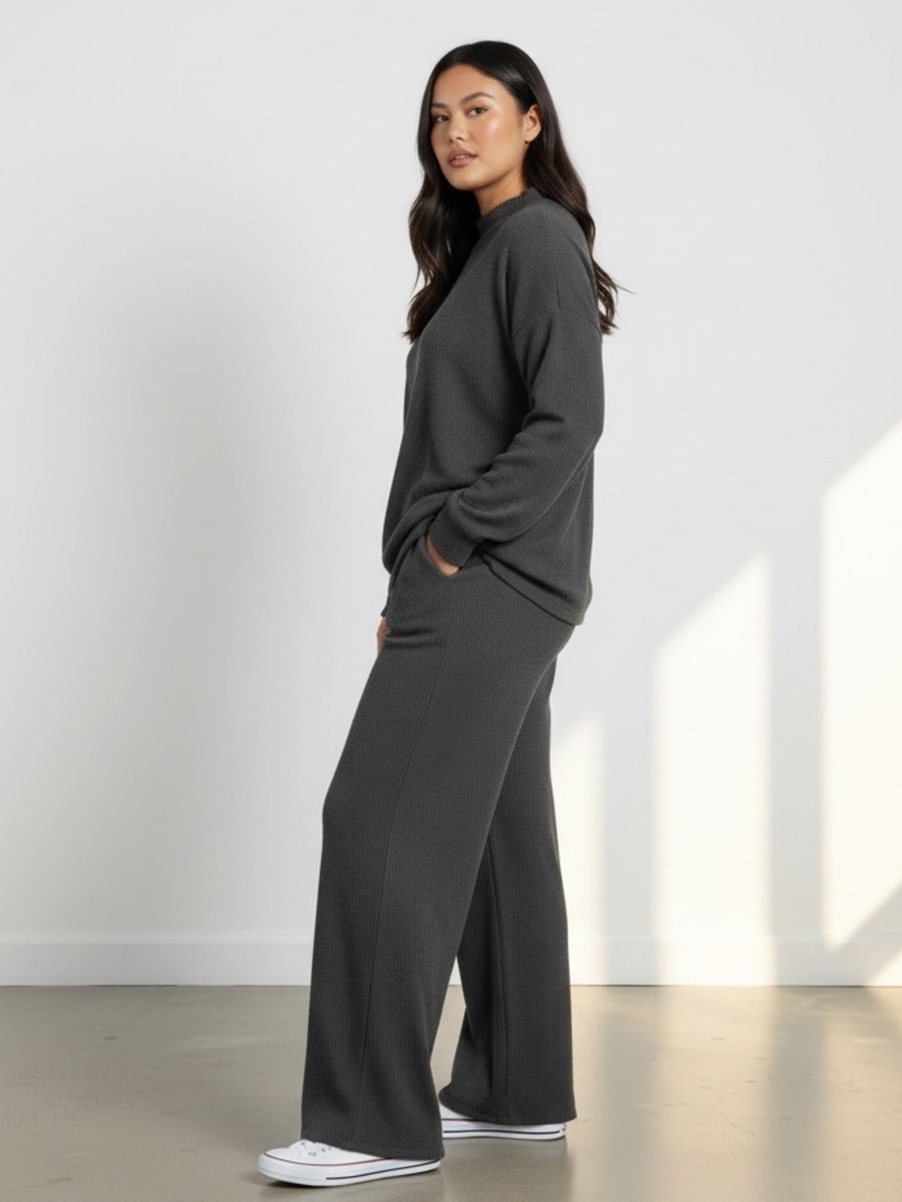 1634P • Plus Black Soft Wavy Ribbed Relaxed Fit Long Sleeve Lounge Set